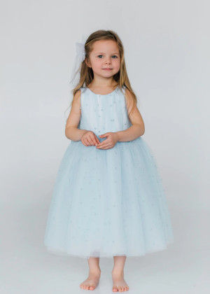 Blue Pearls Tulle Cute Flower Girl Dress